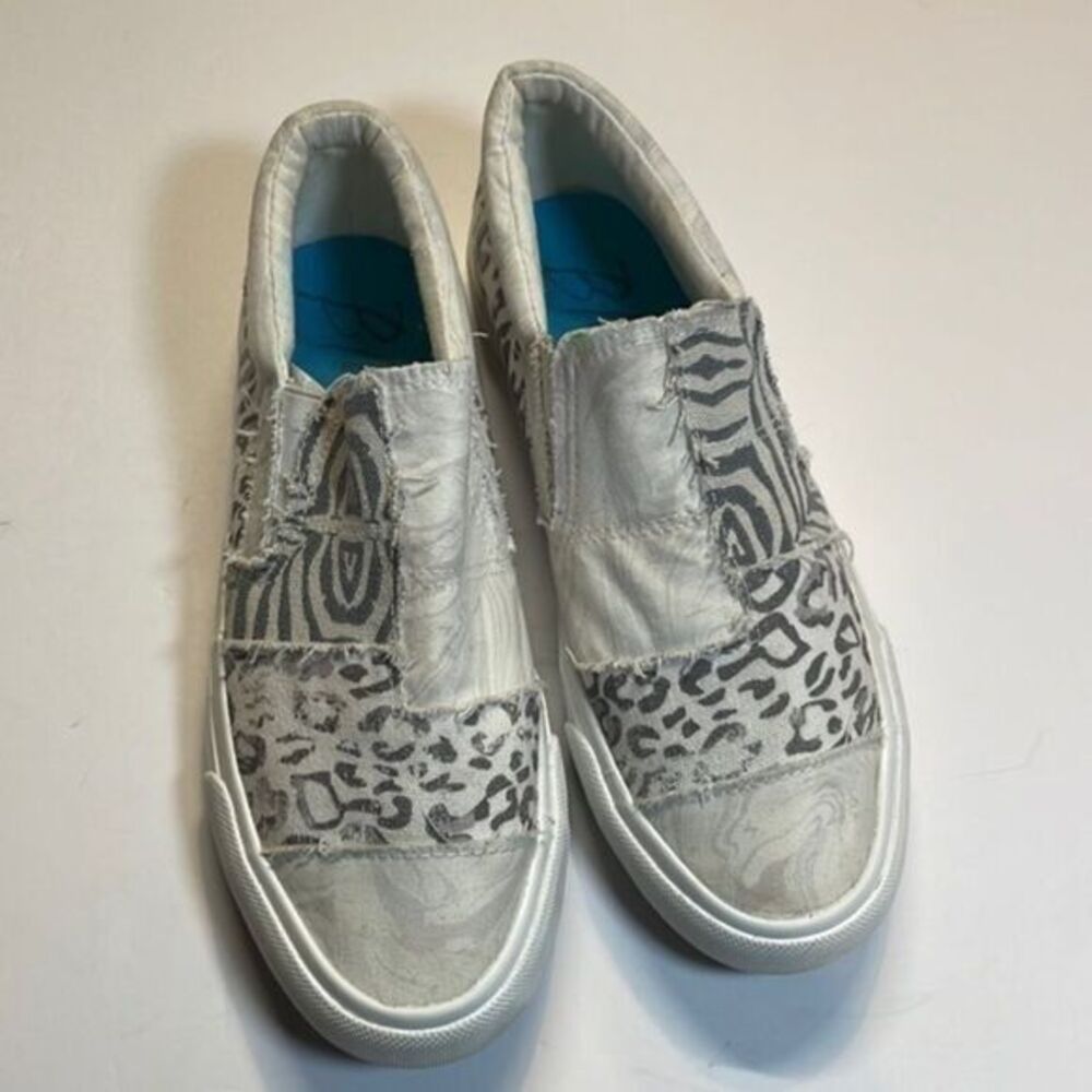 Blowfish Patchwork Canvas Slip On Sneakers Distressed Gray Animal Print Sz 8.5